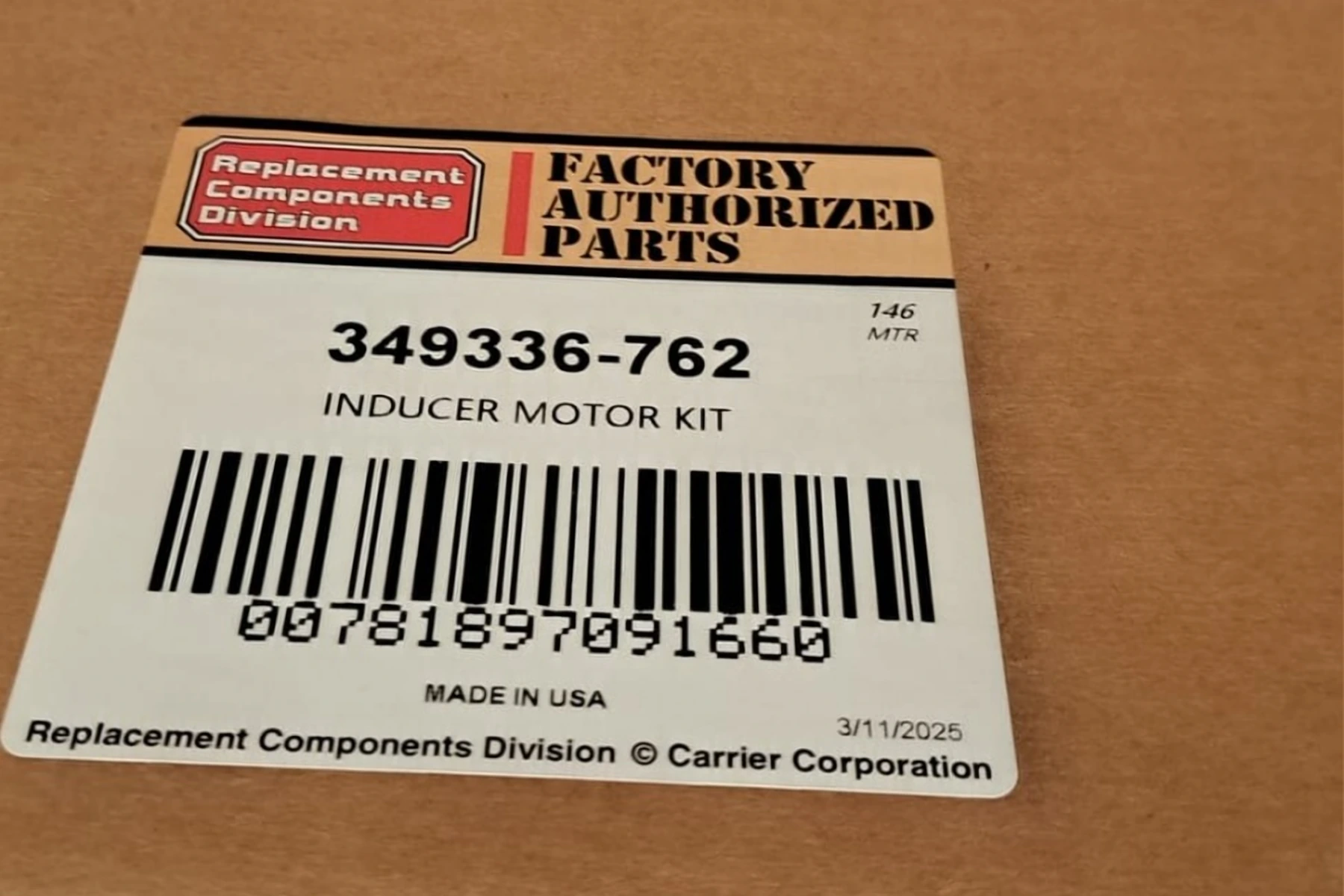 Factory-authorized inducer motor kit box for a furnace inducer motor repair in Kirkland, WA.