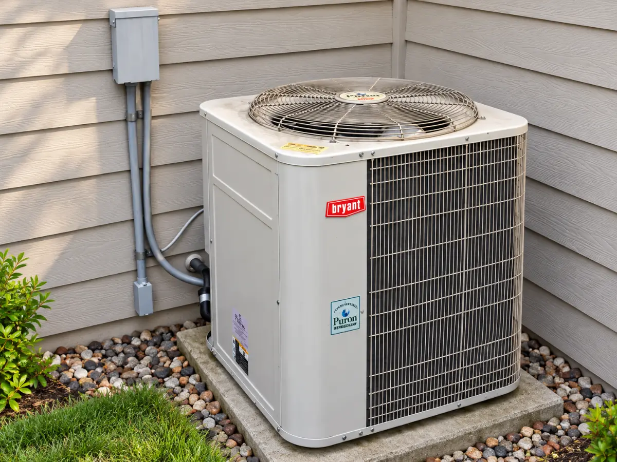 Existing Bryant outdoor air conditioner at the Mukilteo AC maintenance project.
