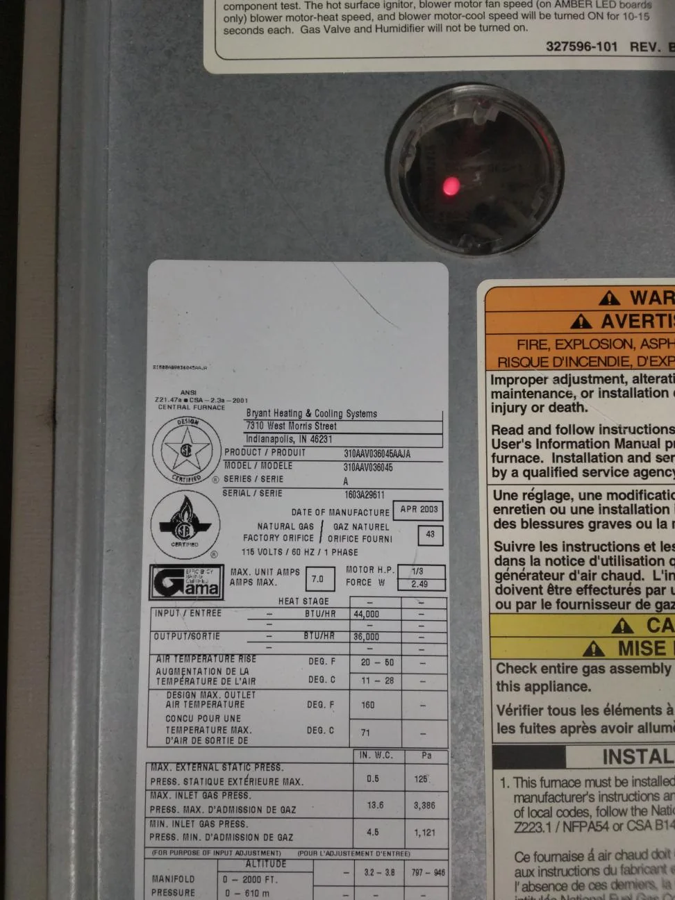 Bryant gas furnace data plate checked during the Mukilteo AC maintenance and control board repair.