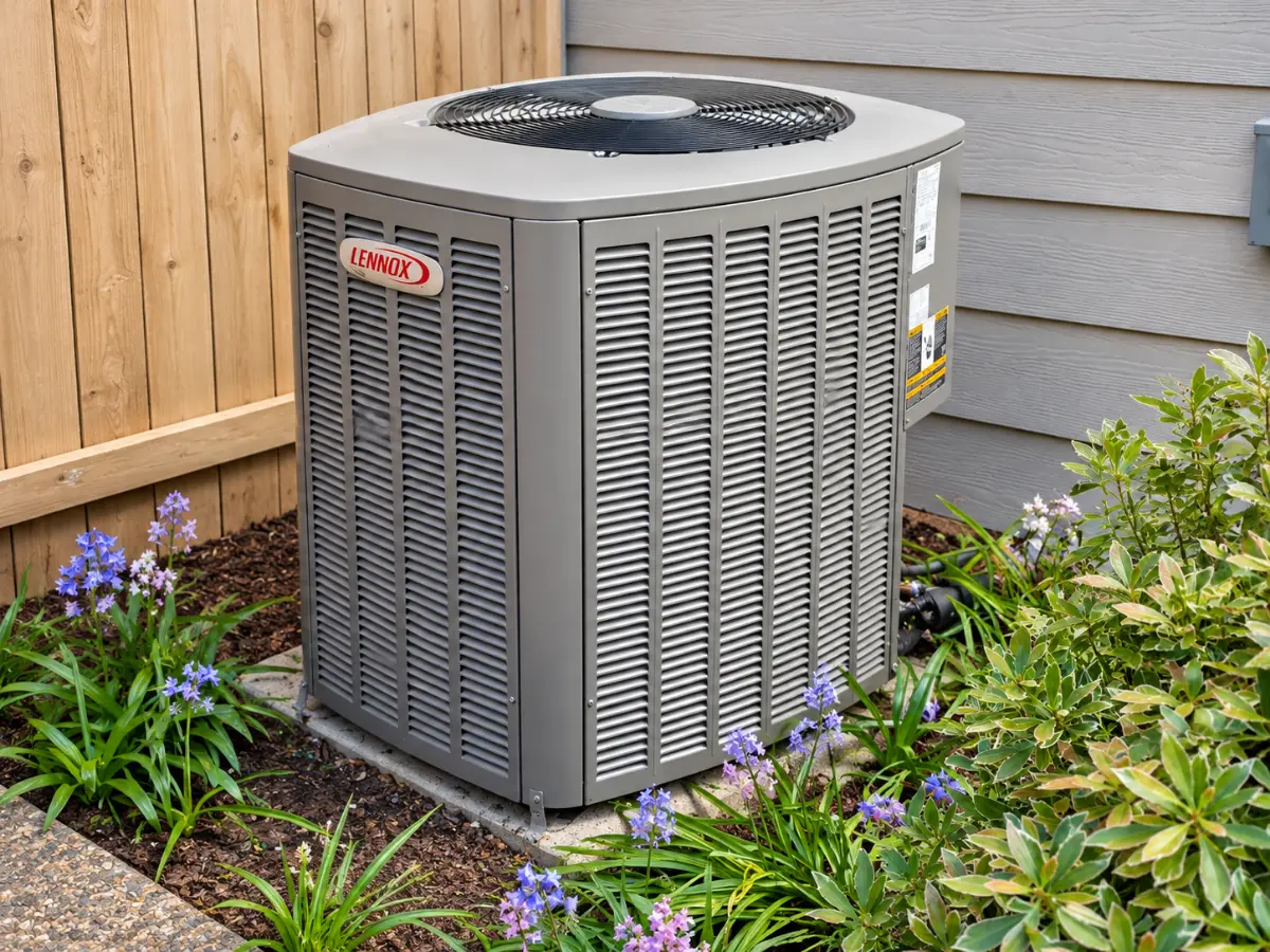 Existing Lennox outdoor AC unit at the Snoqualmie furnace and heat pump replacement project.