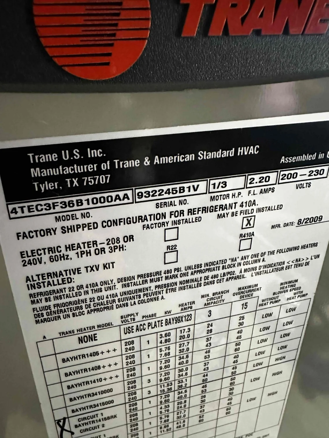 Original Trane air handler data label in Arlington