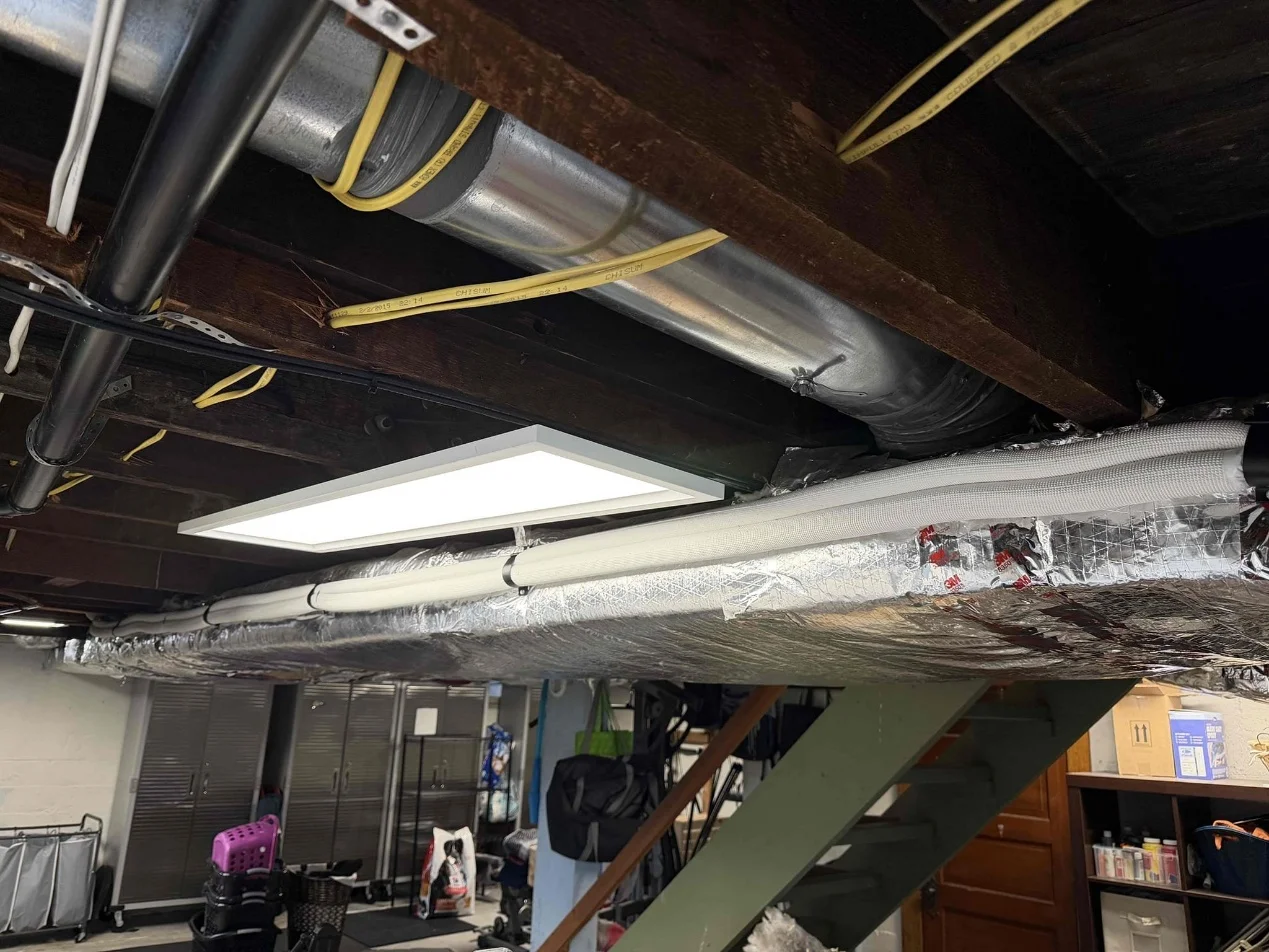 Piping and wiring above the new Arlington basement air handler