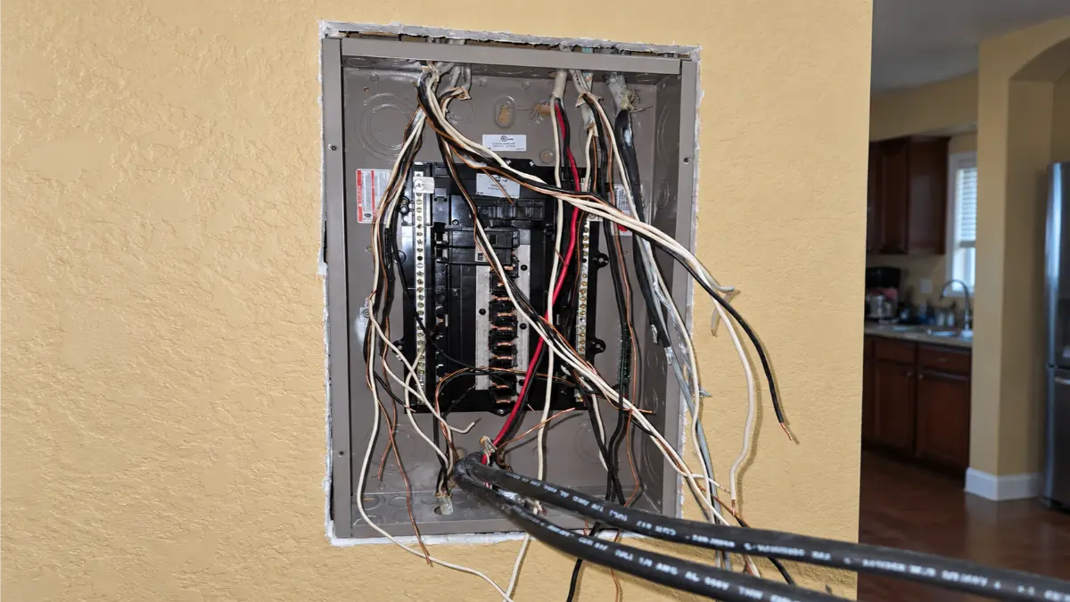 Open residential electrical panel with exposed wiring during repair work.