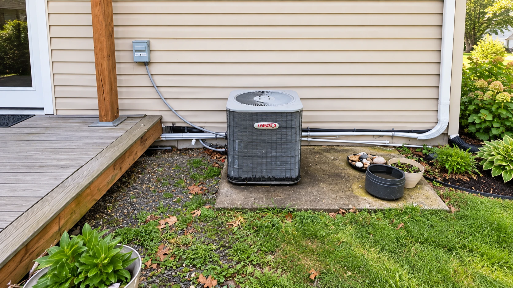 Lennox outdoor air conditioning unit installed beside a residential home.