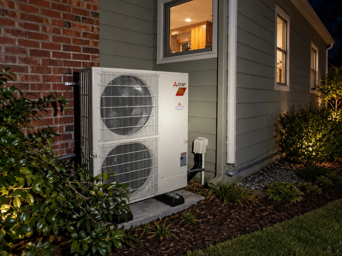 Mitsubishi Electric heat pump installed outside a residential home at night.