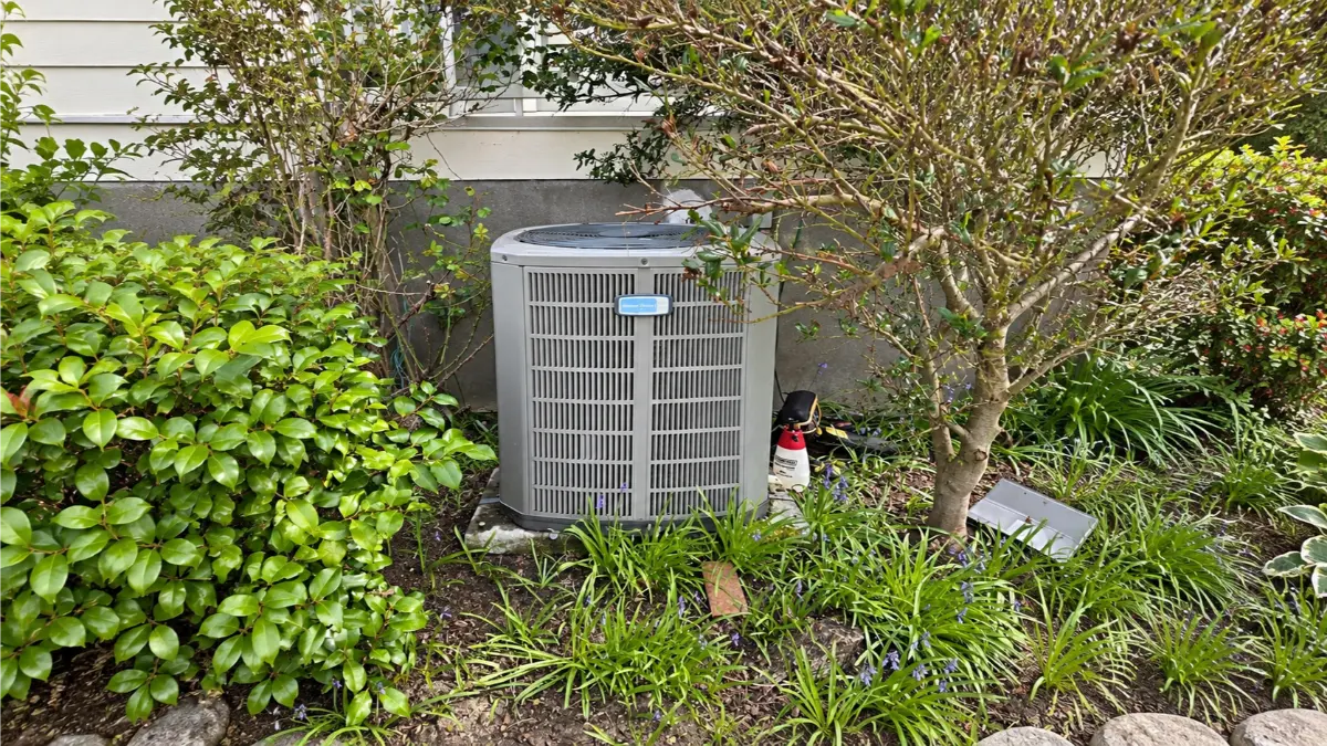 Outdoor air conditioning unit surrounded by residential landscaping.