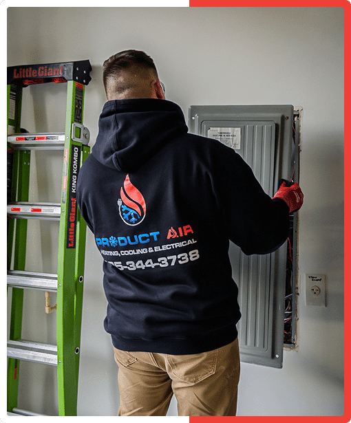Product Air electrician inspecting a residential electrical panel