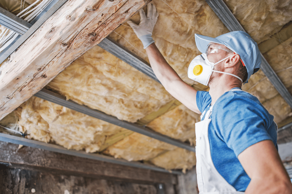 A man in protective gear is installing insulation on a ceiling, following winter insulation tips for enhanced home comfort and efficiency.