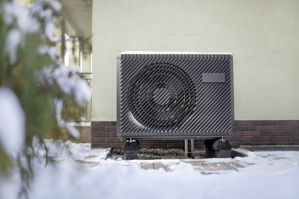 An HVAC positioned outside in the snow, highlighting its functionality as a winter-ready HVAC system.