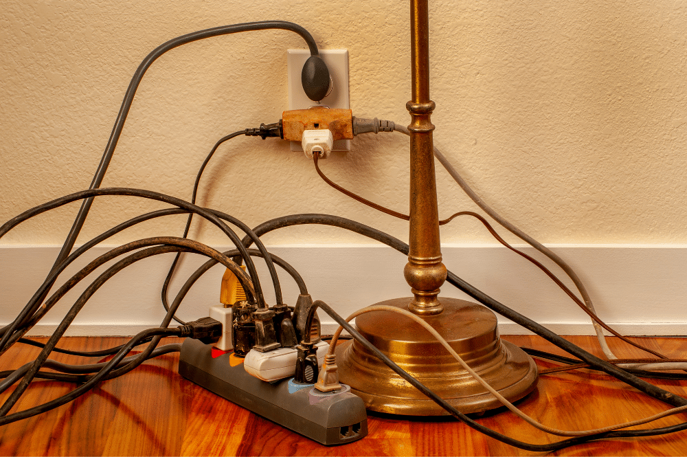 An outlet and power strip tangled with cords, emphasizing the importance of electrical safety tips for safe usage and maintenance.