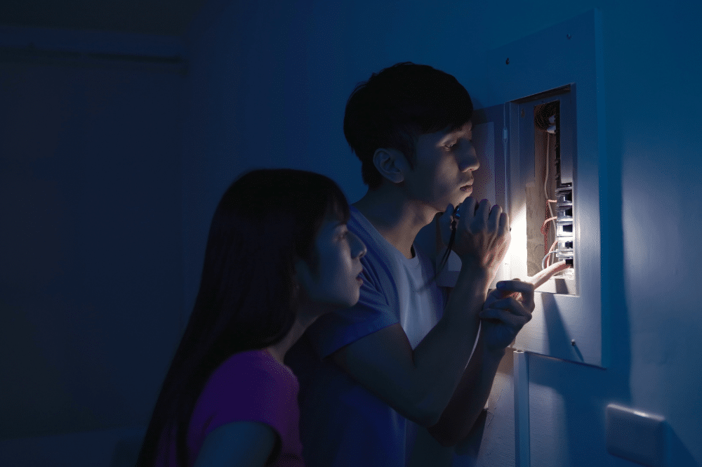 A man and woman examine an electrical box, making HVAC preparation for potential power outages.