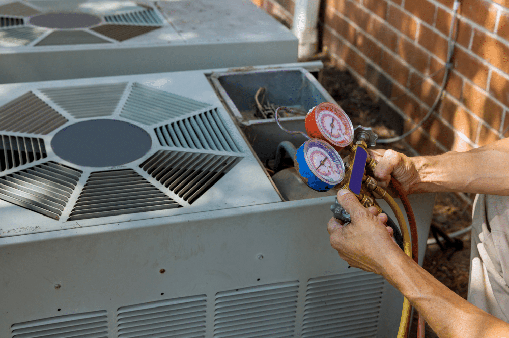 A man examines an HVAC system, focusing on HVAC preparation for holiday comfort.